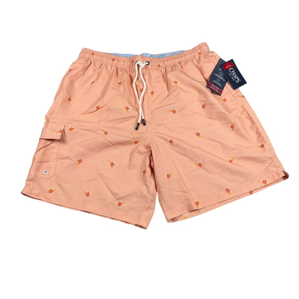 Chaps Mens Large Swim Trunks Peach Drink Print Preppy Summer Beach Board Shorts